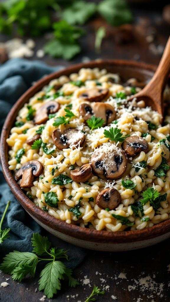 A bowl of mushroom and spinach risotto garnished with parsley
