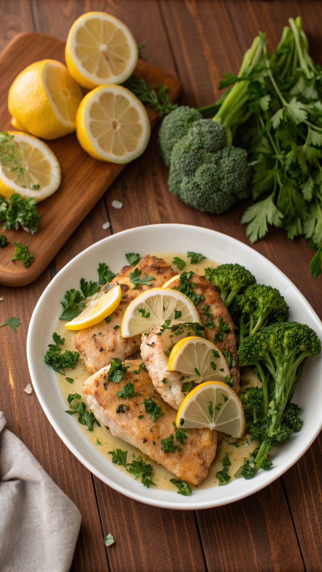 A plate of lemon garlic chicken garnished with parsley and lemon slices, served with broccoli.