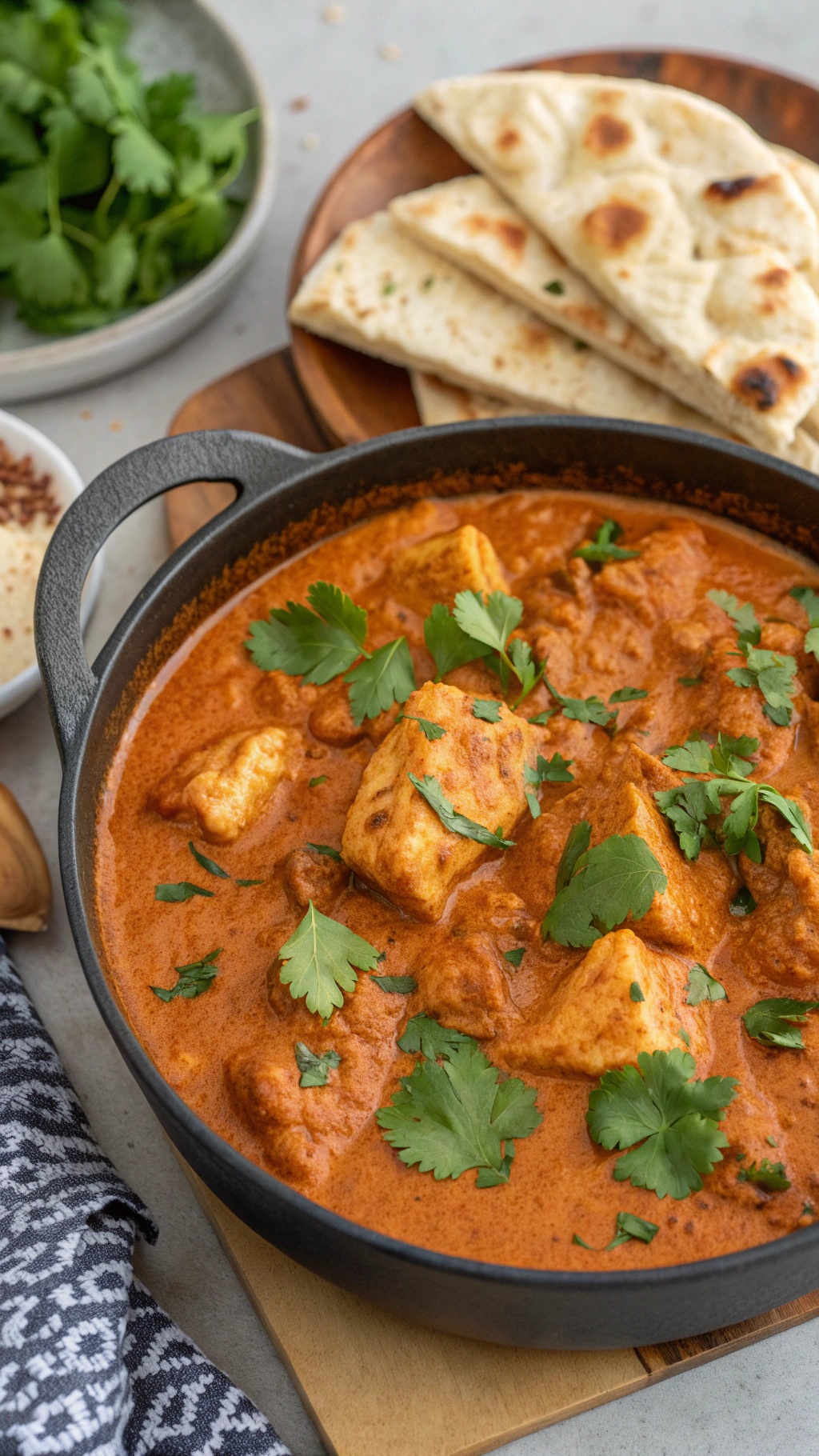 A pot of Chicken Tikka Masala garnished with cilantro, served with naan on the side.