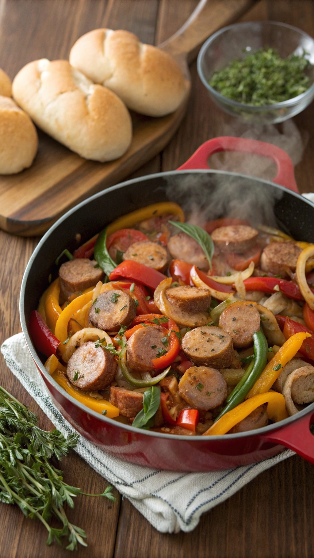 A colorful one-pot dish featuring sausage and bell peppers, garnished with fresh herbs, alongside crusty bread.