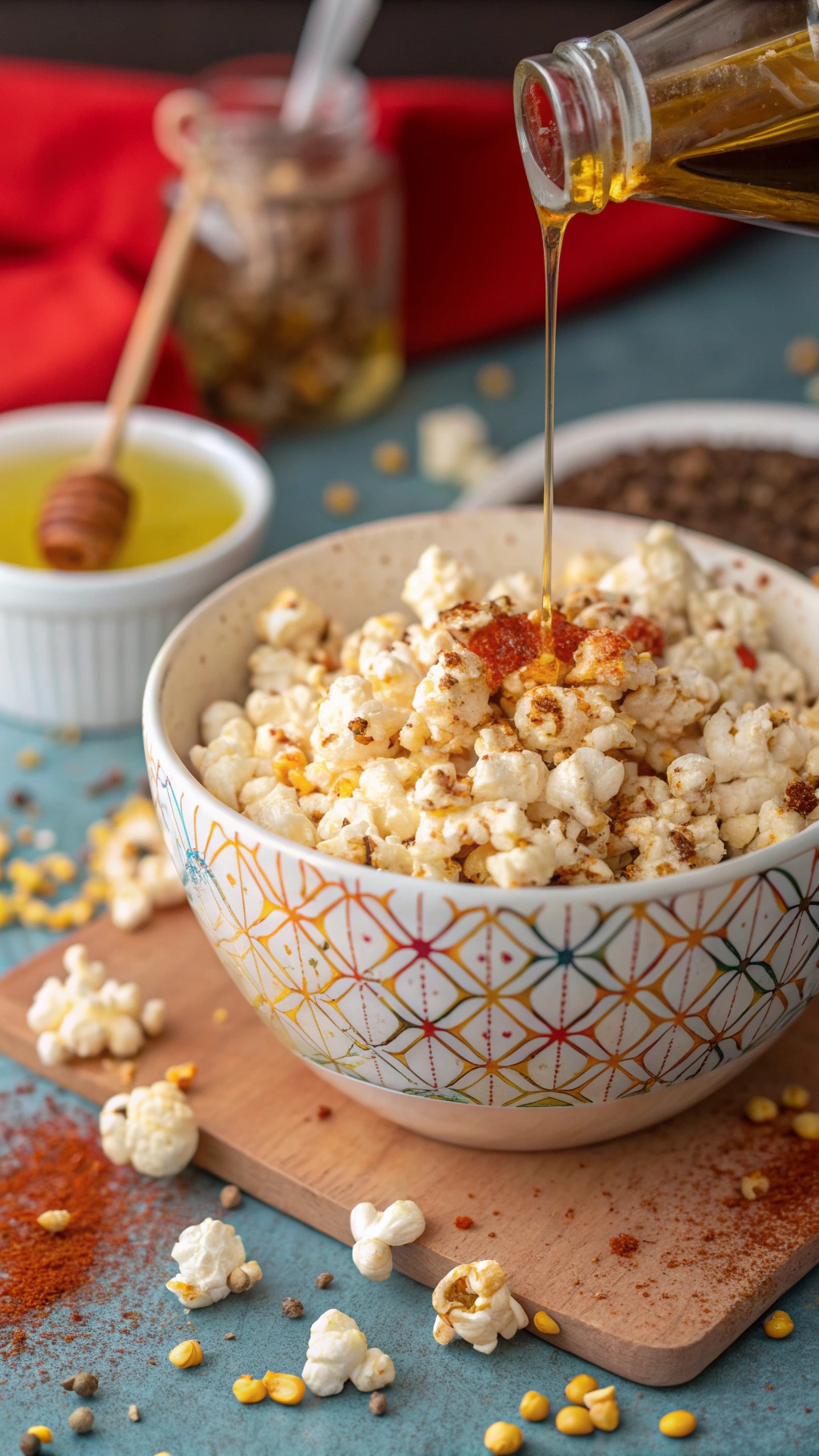 A bowl of savory popcorn topped with spices, with oil being drizzled over it.