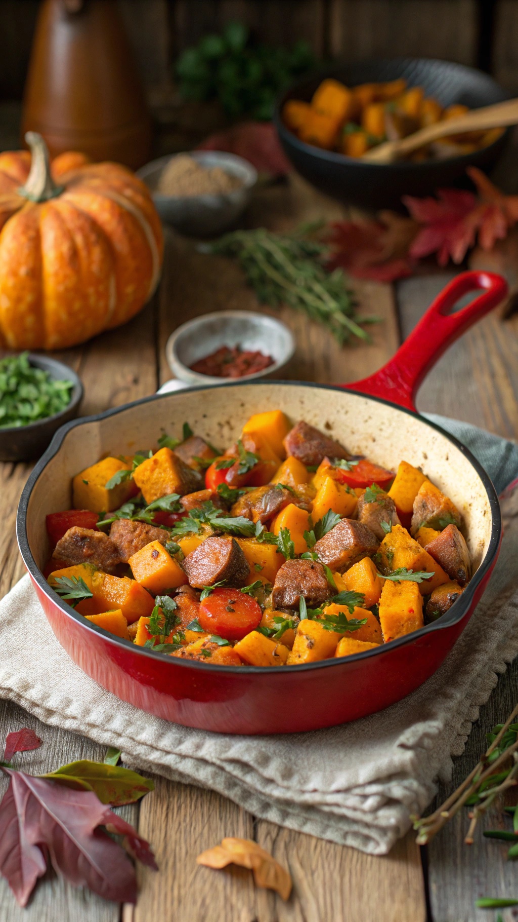 A colorful pumpkin and sausage skillet dish with diced pumpkin, sausage, cherry tomatoes, and fresh herbs.