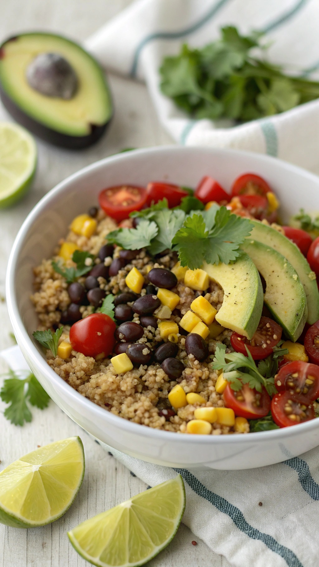 A bowl of quinoa and black bean salad with avocado, cherry tomatoes, and lime slices.