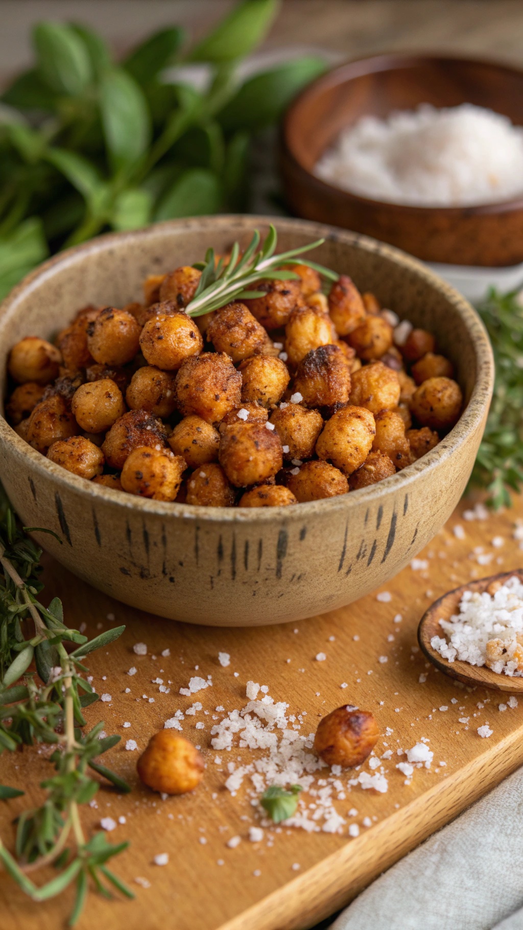 A bowl of roasted chickpeas garnished with herbs and salt, showcasing a crunchy and flavorful snack.