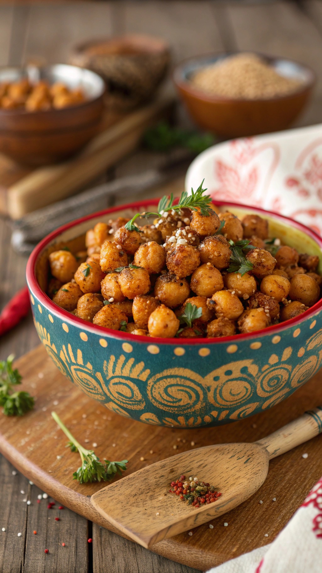 A colorful bowl of savory roasted chickpeas garnished with herbs, placed on a wooden surface.