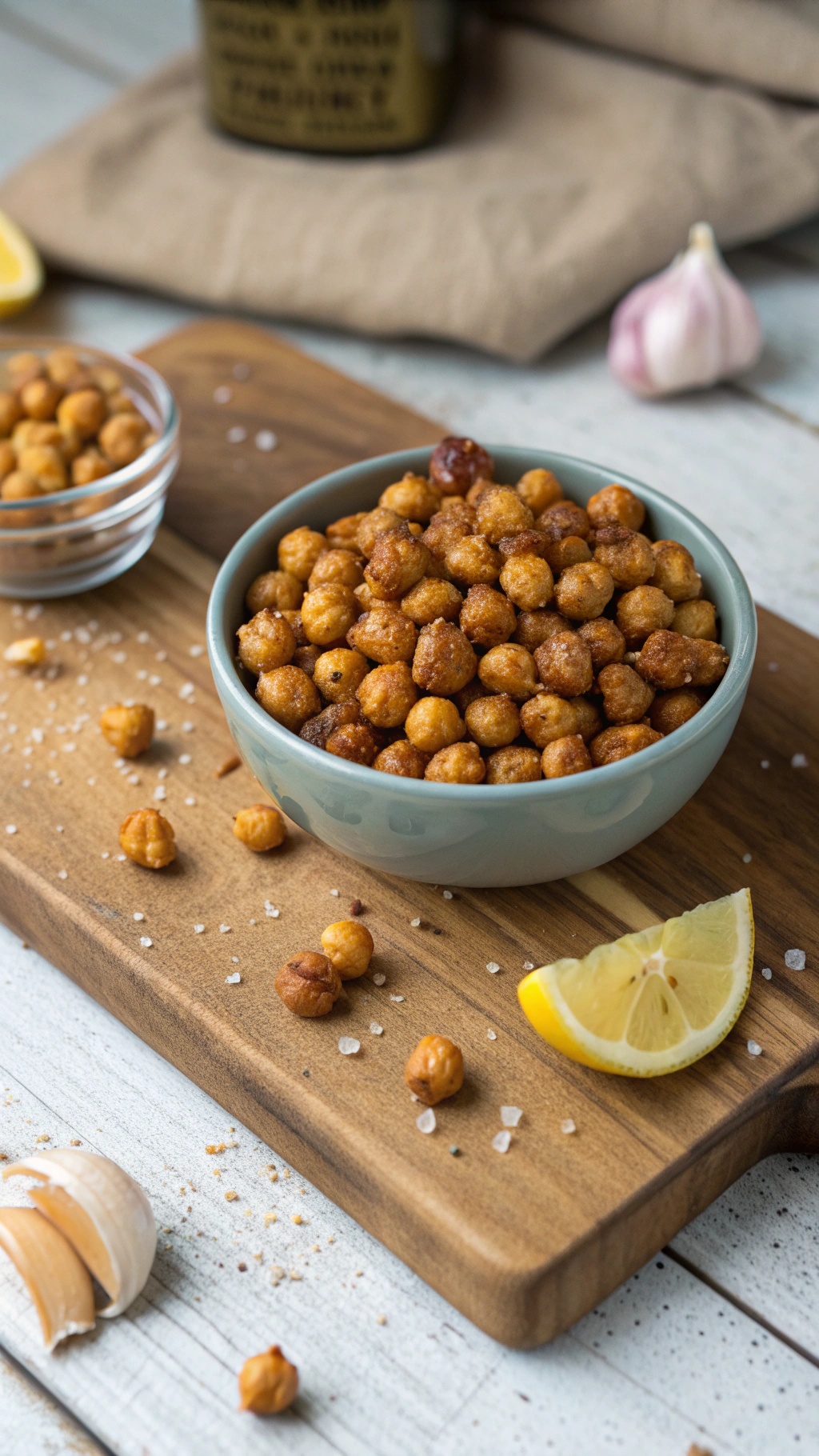 Bowl of roasted chickpeas with garlic and lemon on a wooden board