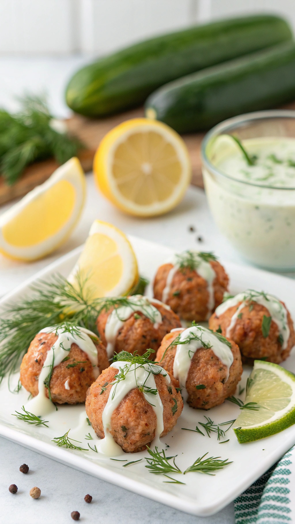 Savory salmon meatballs drizzled with dill sauce on a white plate, garnished with fresh dill and lemon slices.