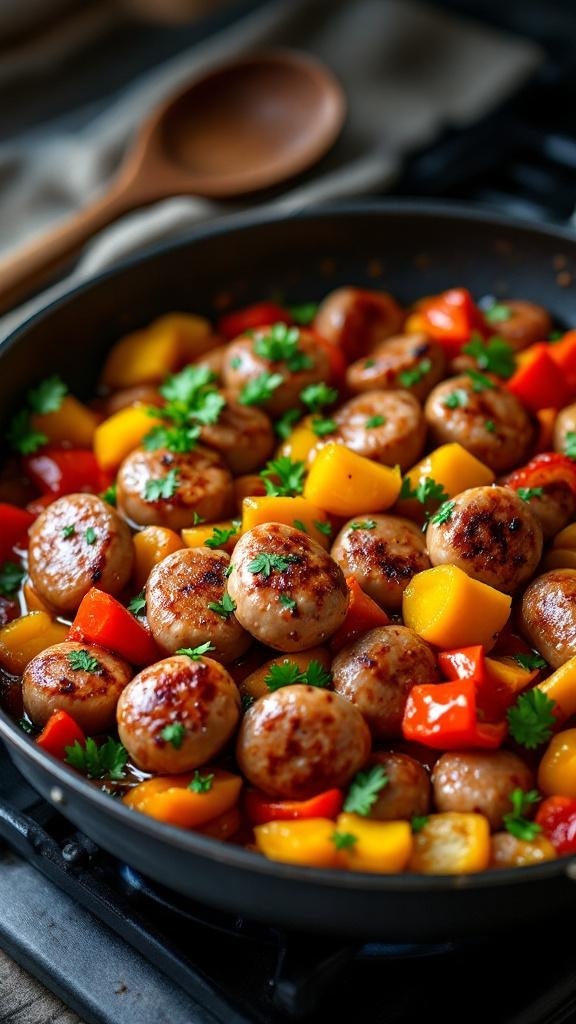 A skillet filled with sausage and colorful bell peppers, garnished with parsley.