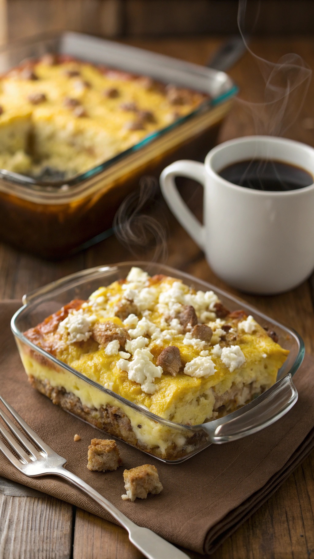A savory sausage and egg casserole in a glass dish, with a cup of coffee beside it.
