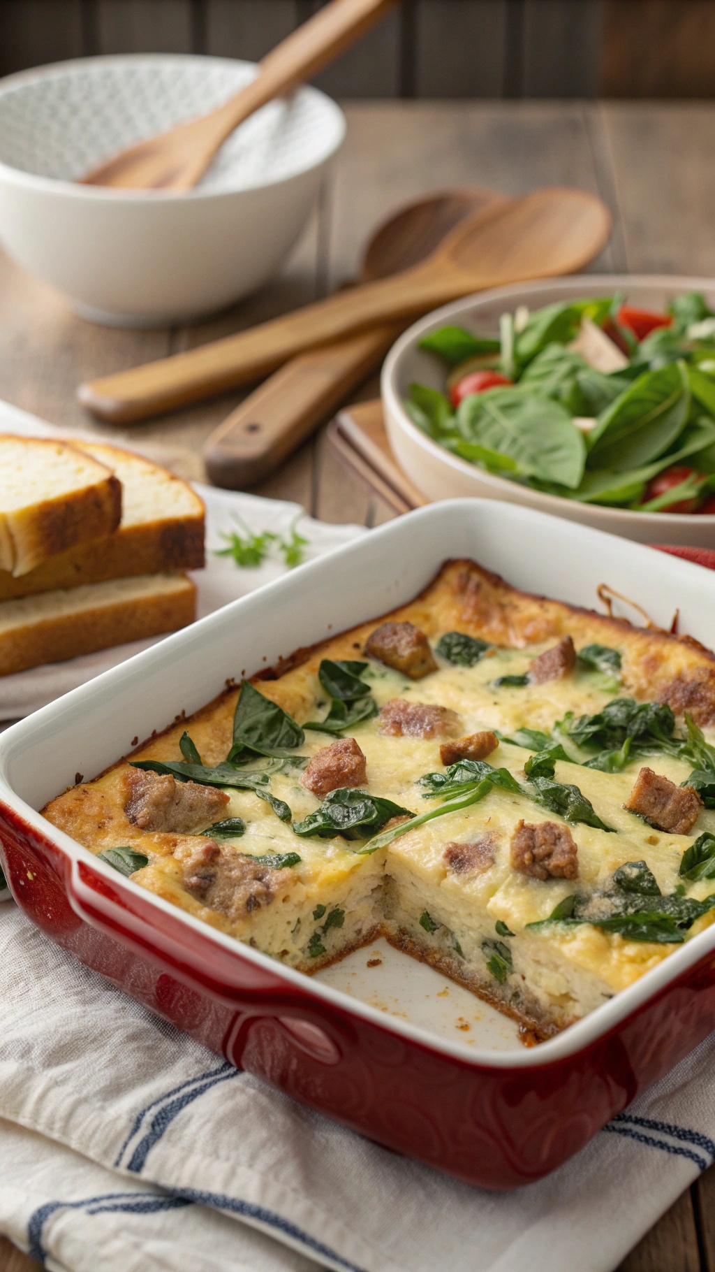 Savory sausage and spinach casserole with slices of bread and a fresh salad