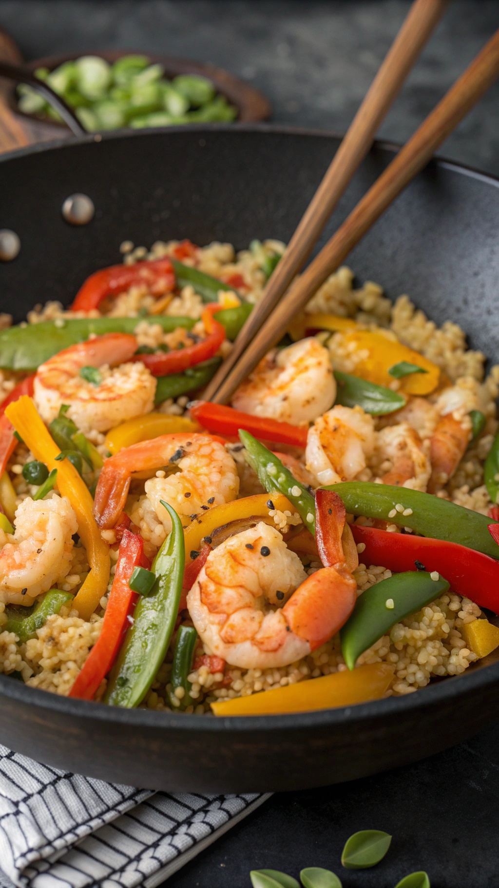A colorful stir-fry with shrimp, cauliflower rice, and assorted vegetables in a black skillet.