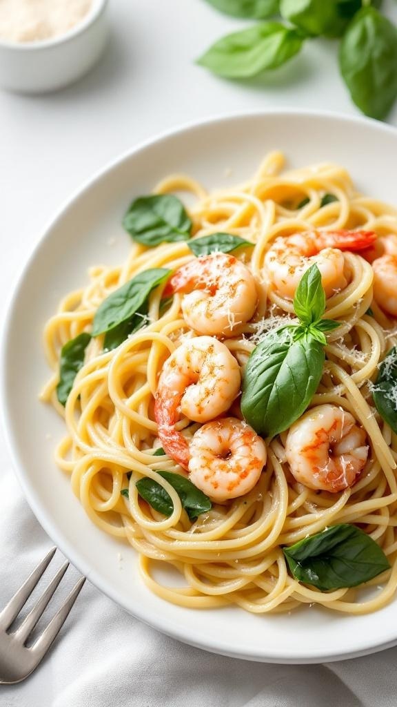 A plate of shrimp and spinach pasta garnished with basil and Parmesan cheese.