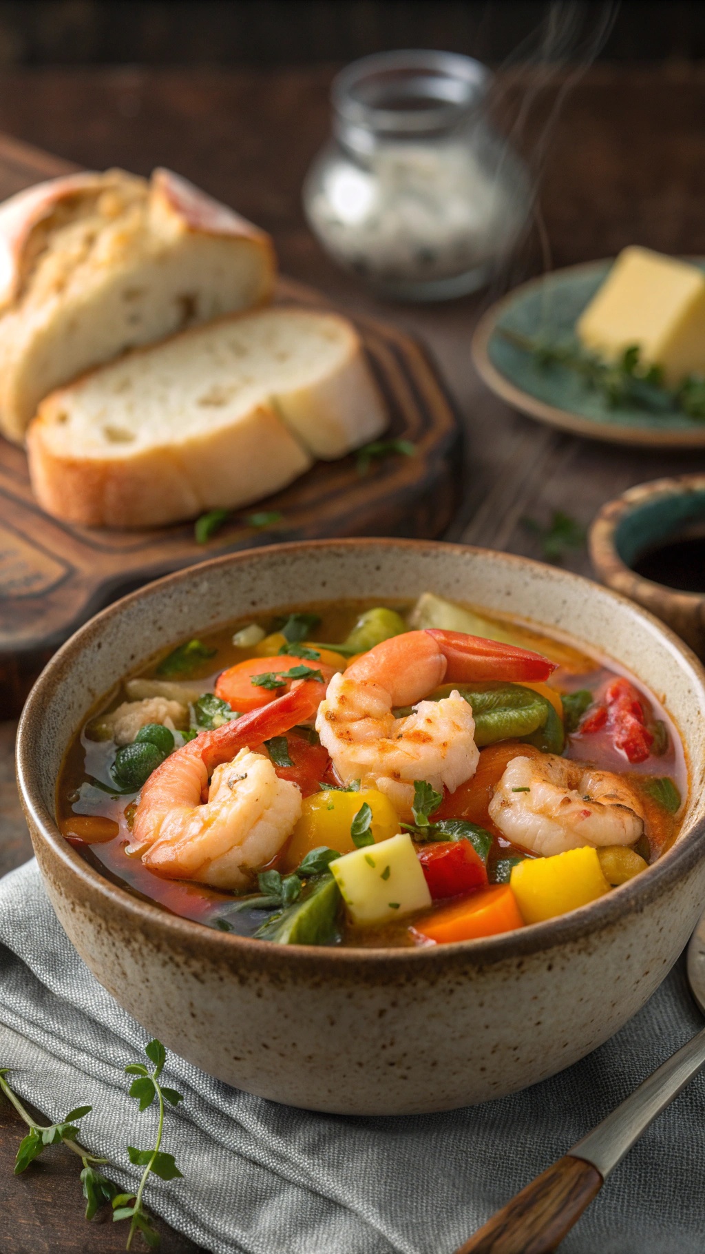 A bowl of shrimp and vegetable soup with colorful vegetables and shrimp, served with bread on the side.