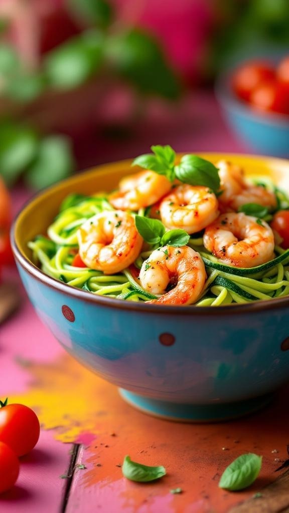 A colorful bowl of shrimp and zucchini noodles topped with fresh basil