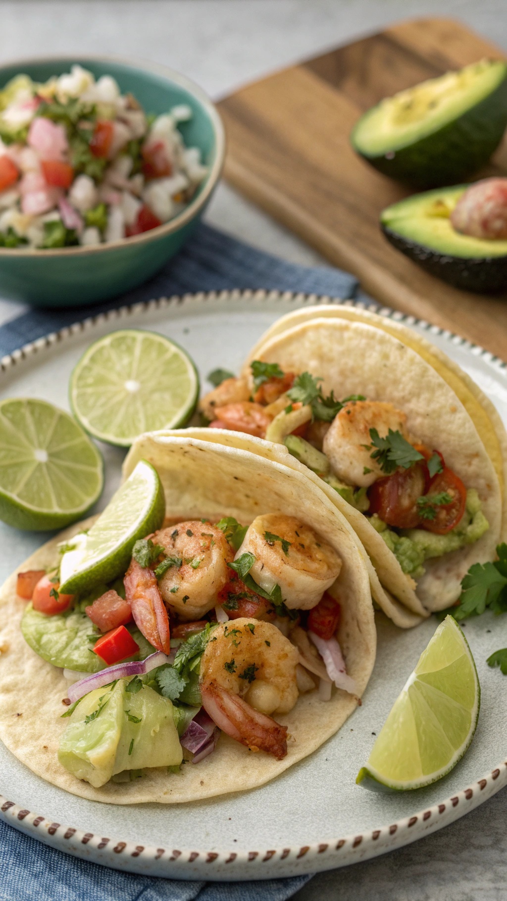 Shrimp tacos with avocado salsa served on a plate with lime wedges and a beach view in the background.