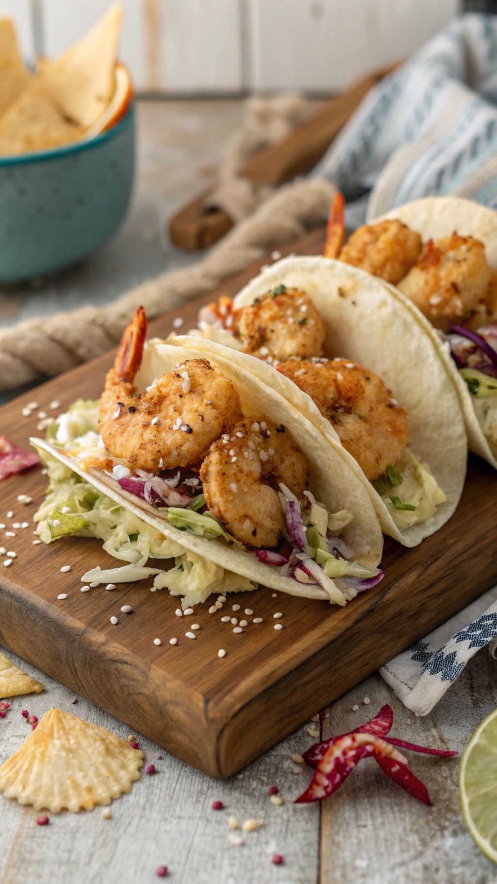 Shrimp tacos with cabbage slaw on a wooden board