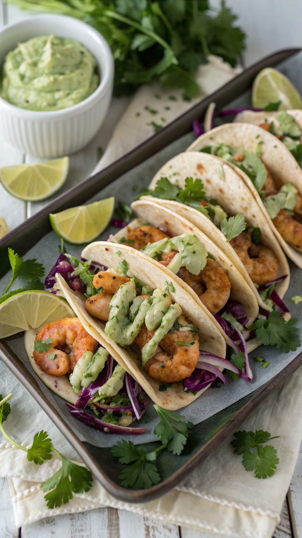 Shrimp tacos with cilantro lime sauce on a platter, garnished with lime wedges and fresh cilantro.