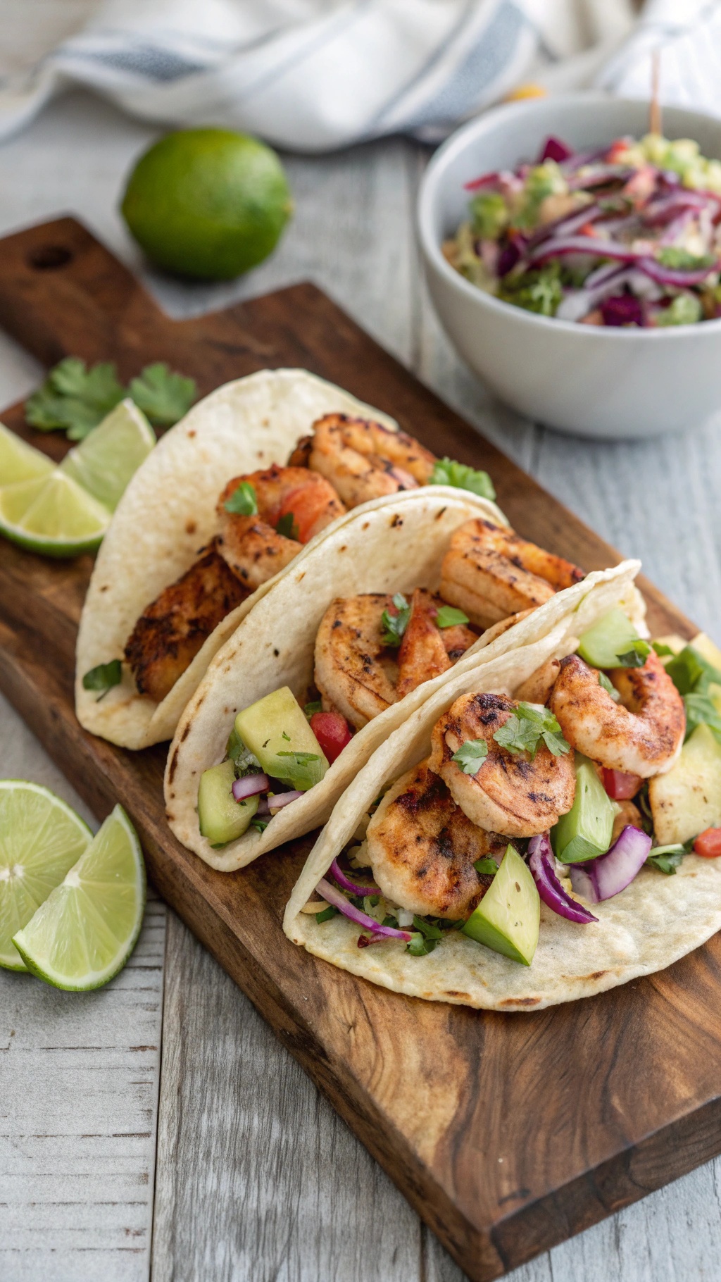 Shrimp tacos with fresh salsa on a wooden board