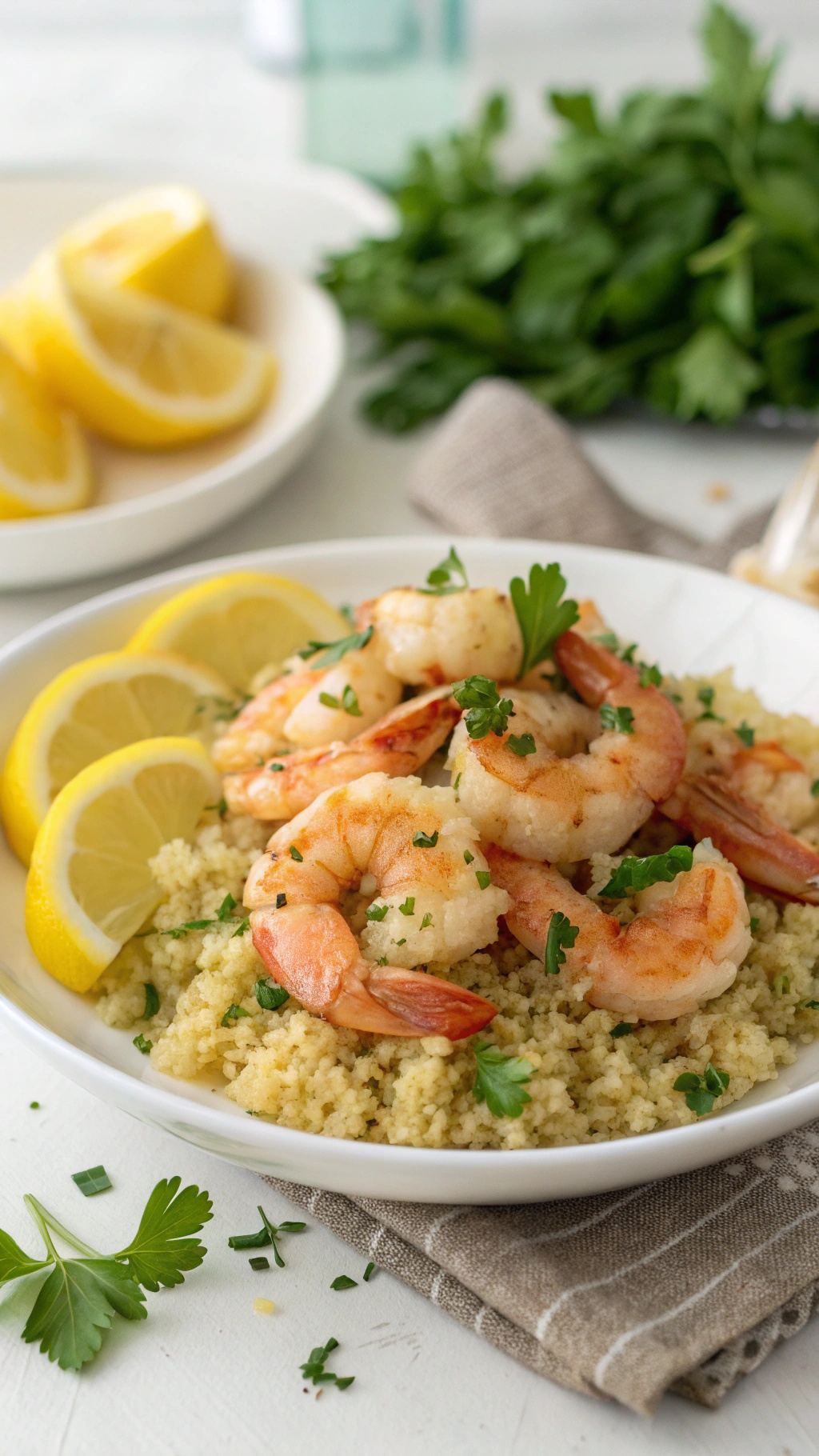 A plate of lemon garlic shrimp served over quinoa, garnished with lemon slices and parsley.