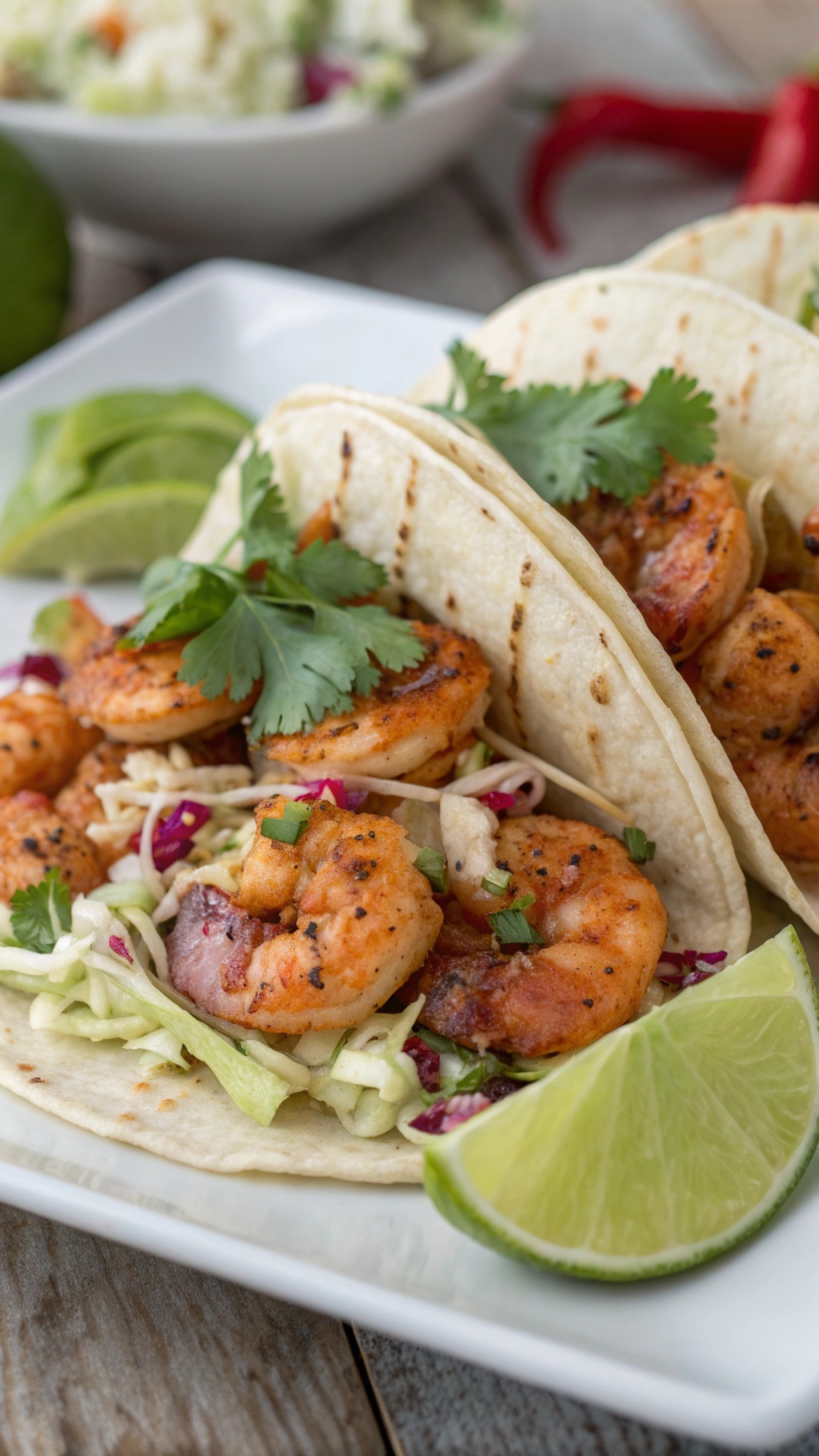 Two shrimp tacos with cilantro lime slaw on a wooden board, with a sunset and palm trees in the background.