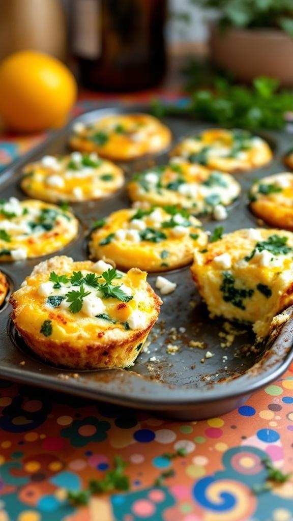 Savory Spinach and Feta Breakfast Egg Muffins in a muffin tin, garnished with parsley.