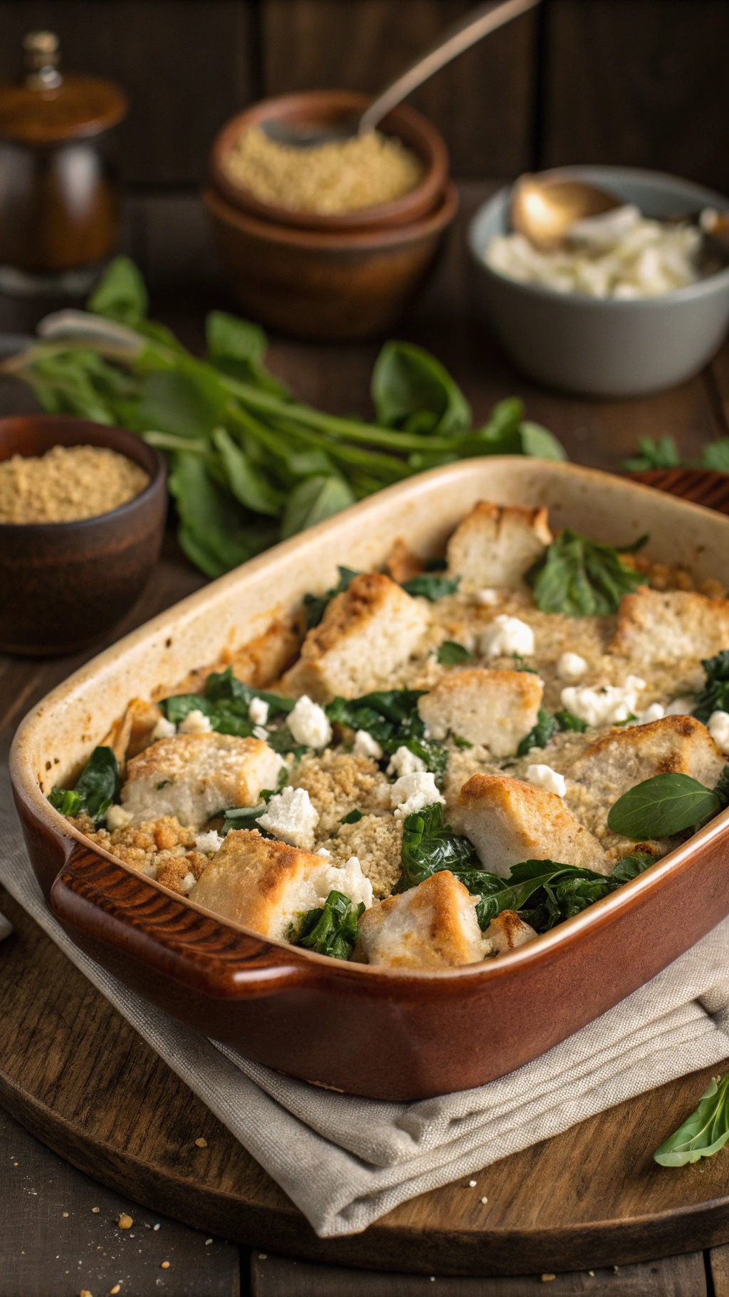A baked chicken casserole with spinach and feta cheese, topped with breadcrumbs.