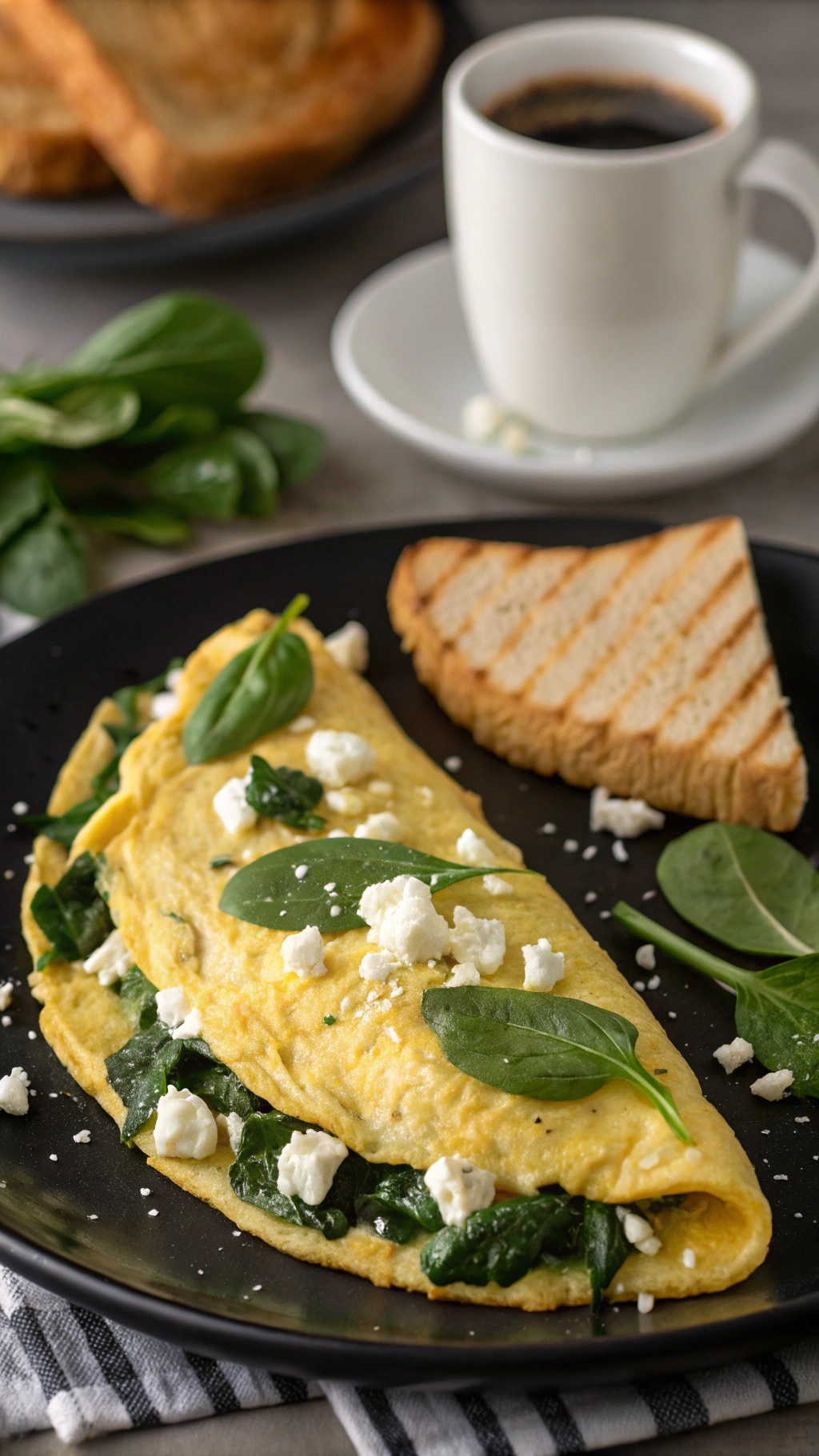 A savory spinach and feta omelette served with a slice of grilled bread and fresh spinach leaves.