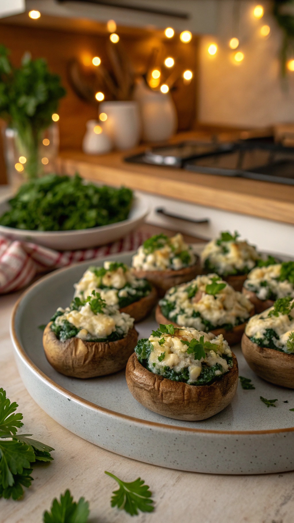 Savory spinach and feta stuffed mushrooms on a plate with fresh herbs in the background