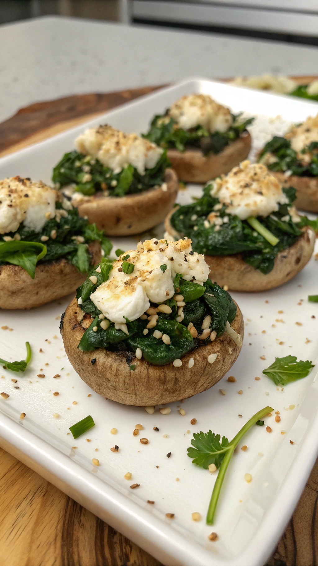 Savory spinach and feta stuffed mushrooms on a white plate, garnished with sesame seeds.
