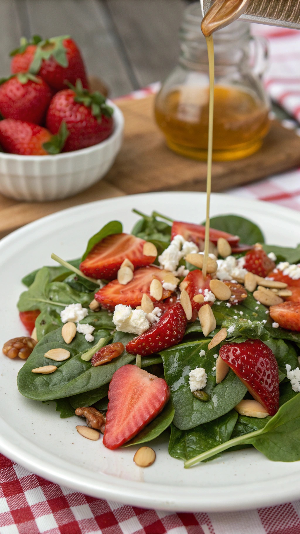 A vibrant spinach and strawberry salad topped with feta cheese and nuts, with a bowl of strawberries in the background.