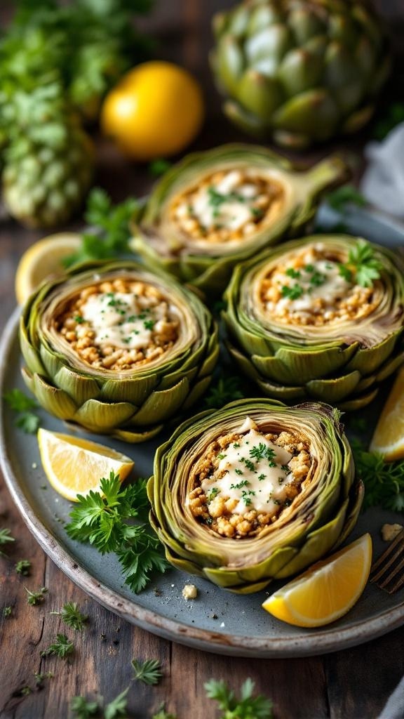 Savory stuffed artichokes with herbed bread crumbs, garnished with parsley and lemon slices.