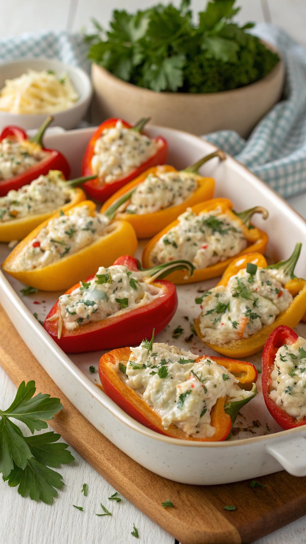 A platter of stuffed mini peppers filled with a creamy cheese mixture, garnished with herbs.