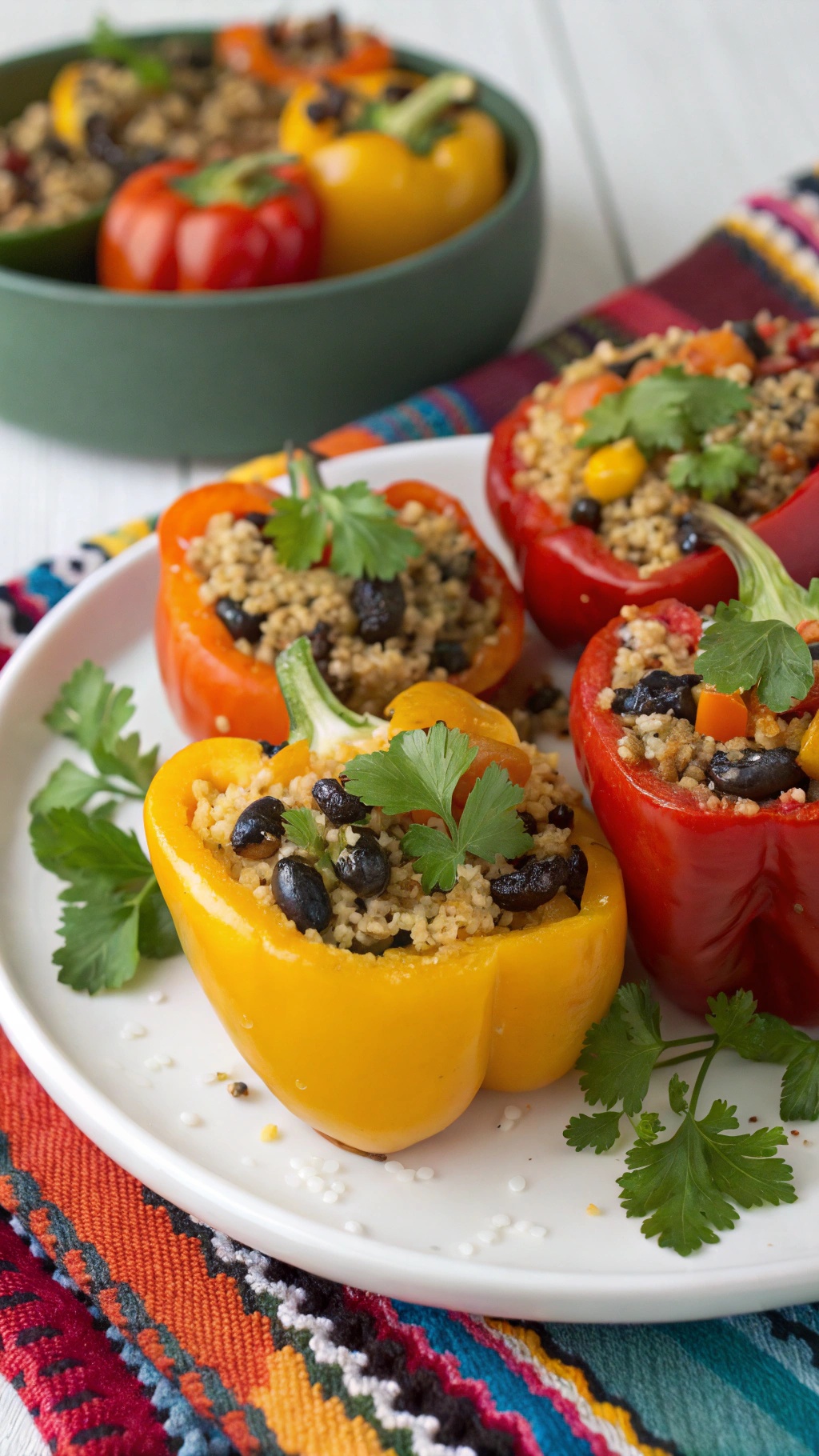 Colorful stuffed mini peppers filled with quinoa, black beans, and corn on a plate.