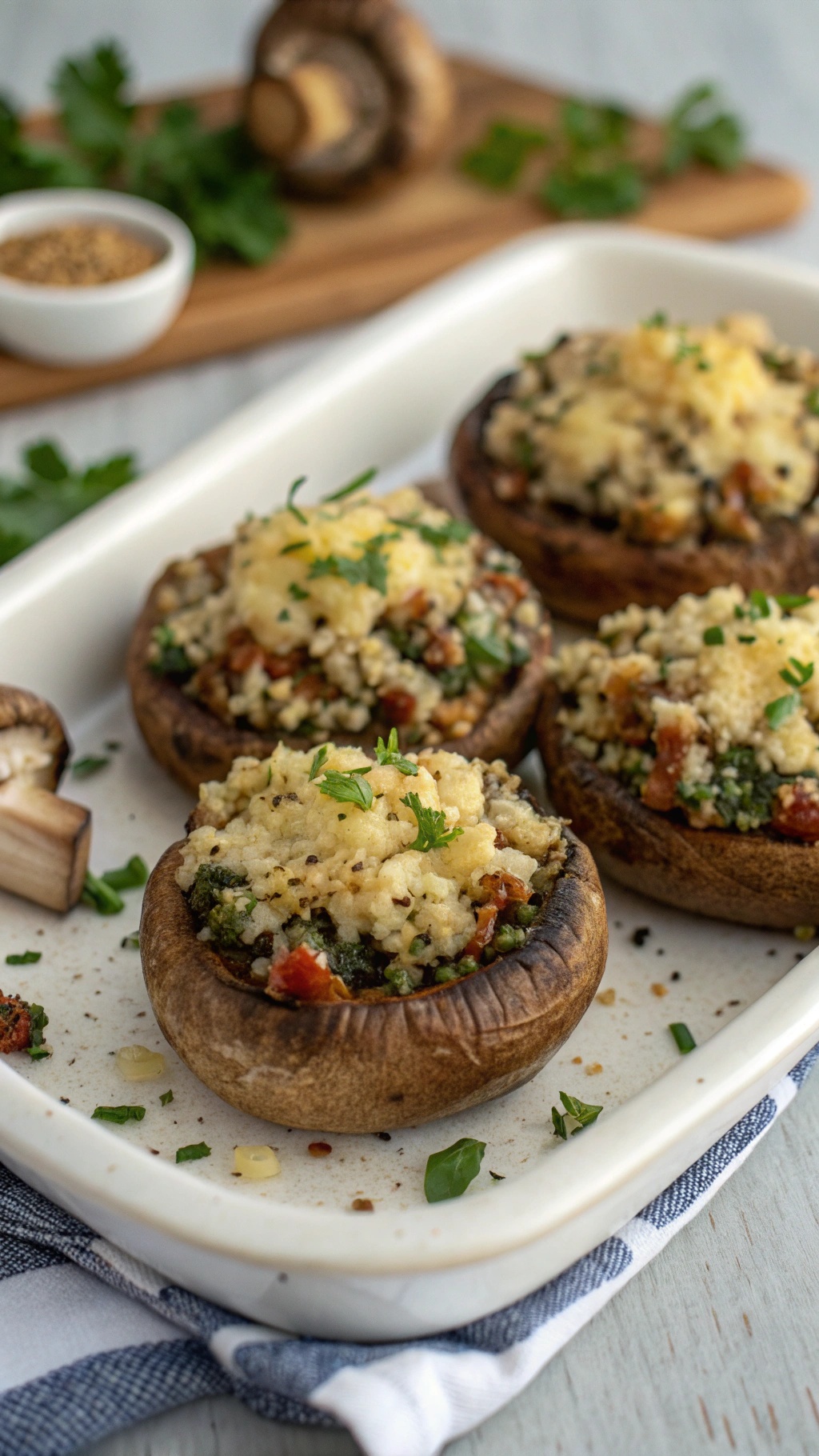 Savory stuffed portobello mushrooms topped with cheese and herbs.