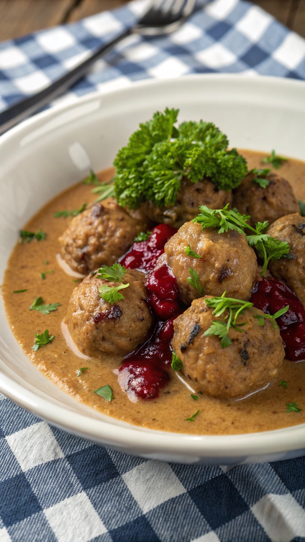 A bowl of Swedish meatballs in creamy sauce with cranberry sauce and parsley garnish.