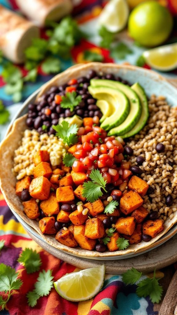 A colorful burrito bowl featuring roasted sweet potatoes, black beans, brown rice, pico de gallo, and avocado slices.