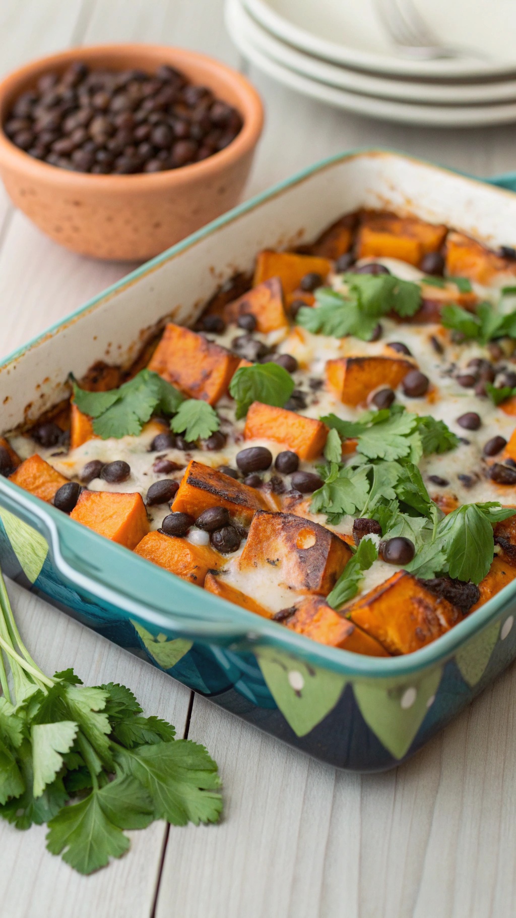 Savory sweet potato and black bean casserole topped with cilantro in a baking dish