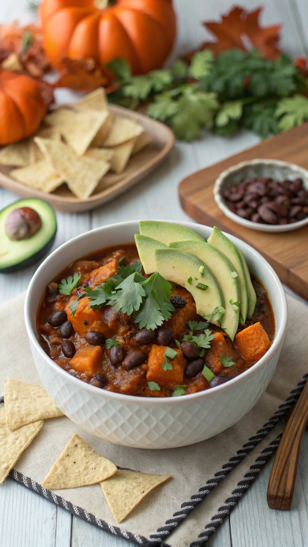 A bowl of sweet potato and black bean chili topped with avocado slices and cilantro, with tortilla chips on the side.