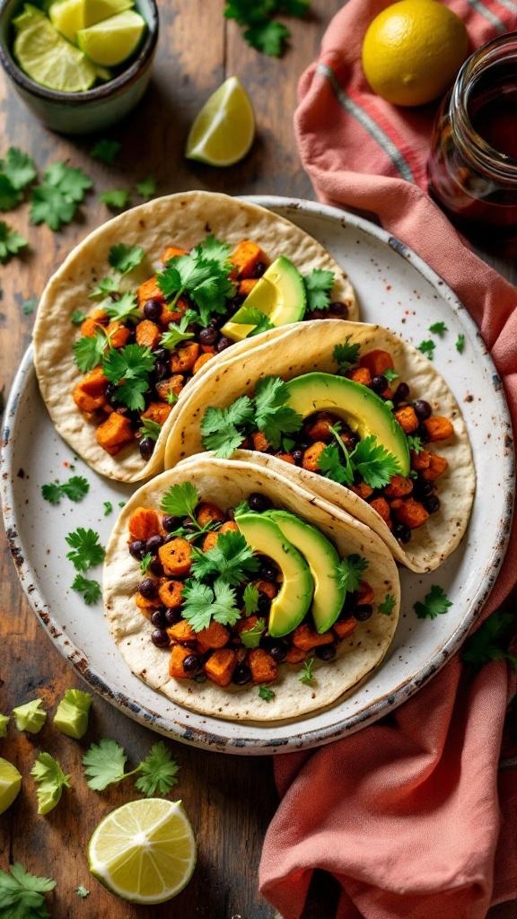 Three tacos filled with sweet potatoes, black beans, and avocado slices, garnished with cilantro.