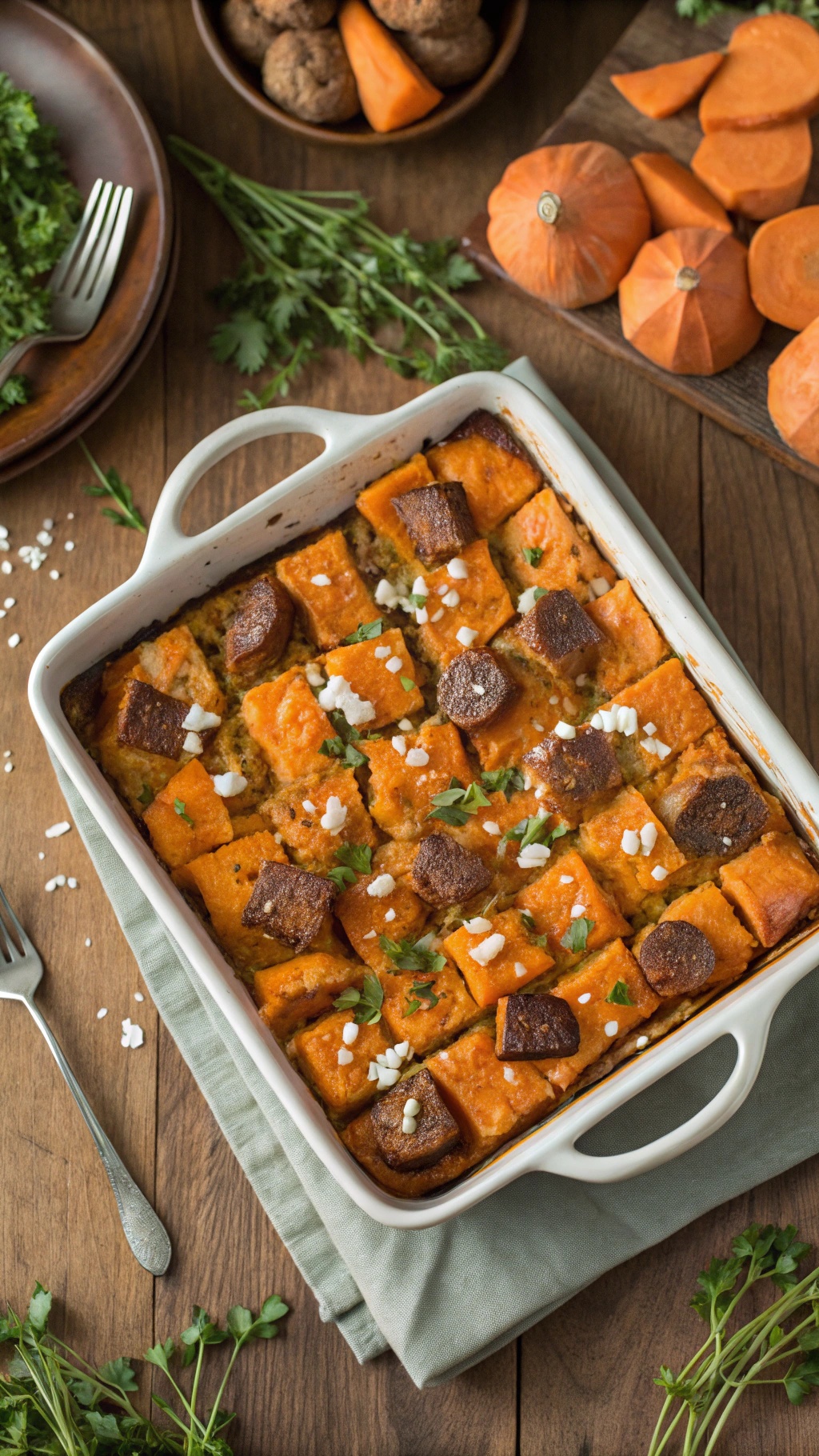 Savory Sweet Potato and Sausage Bake in a white dish, garnished with parsley, surrounded by fresh sweet potatoes and herbs.