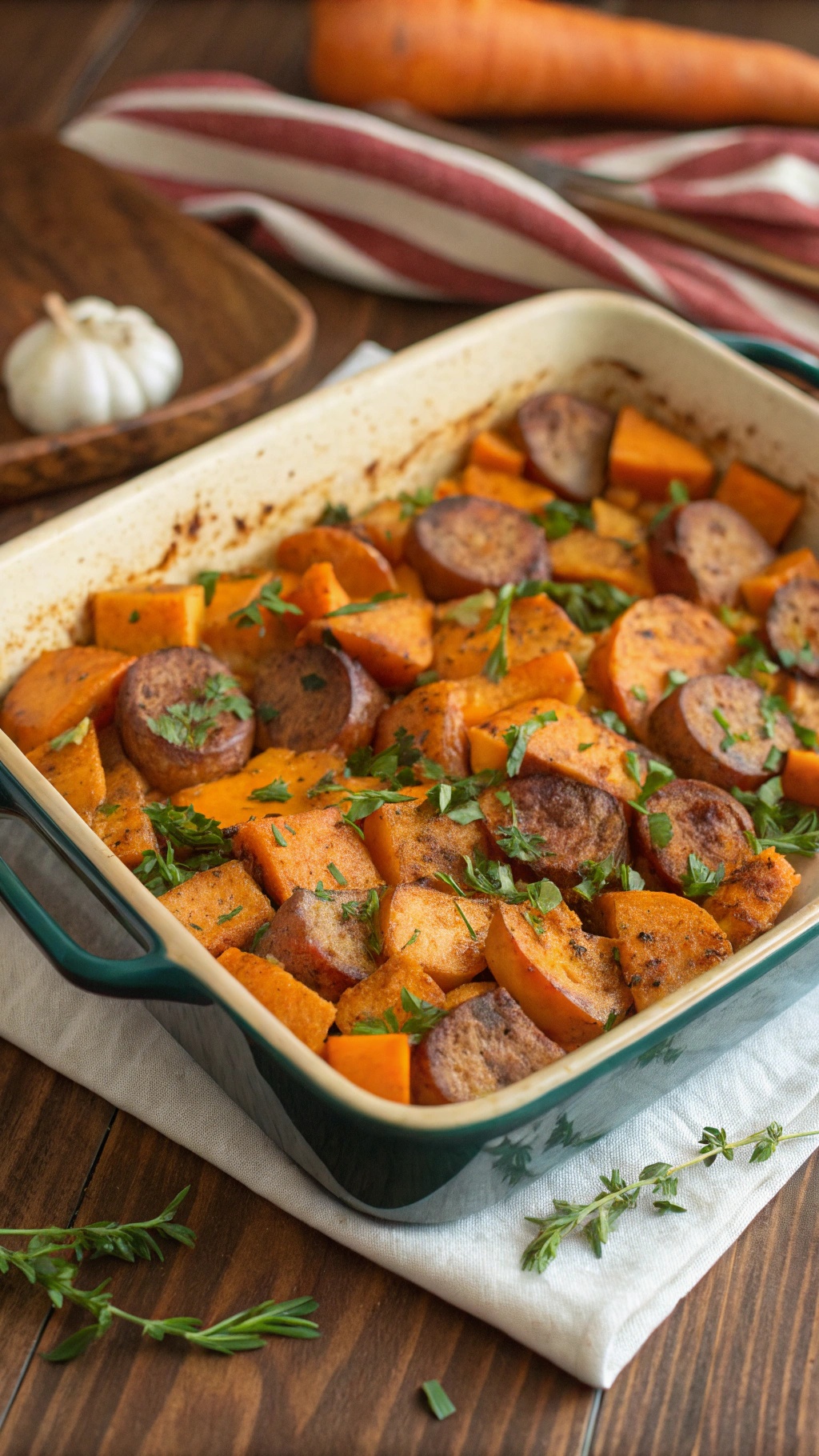 Savory sweet potato and sausage bake in a green baking dish, garnished with fresh herbs.