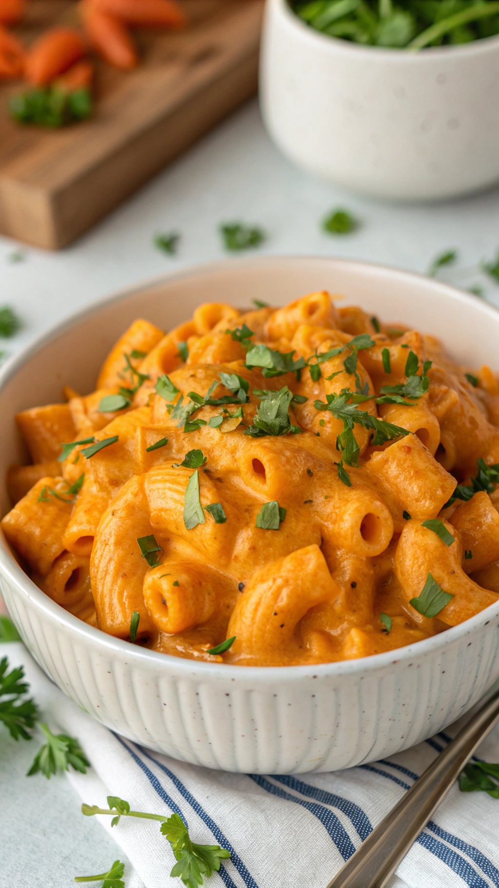A bowl of creamy sweet potato mac and cheese topped with fresh parsley.