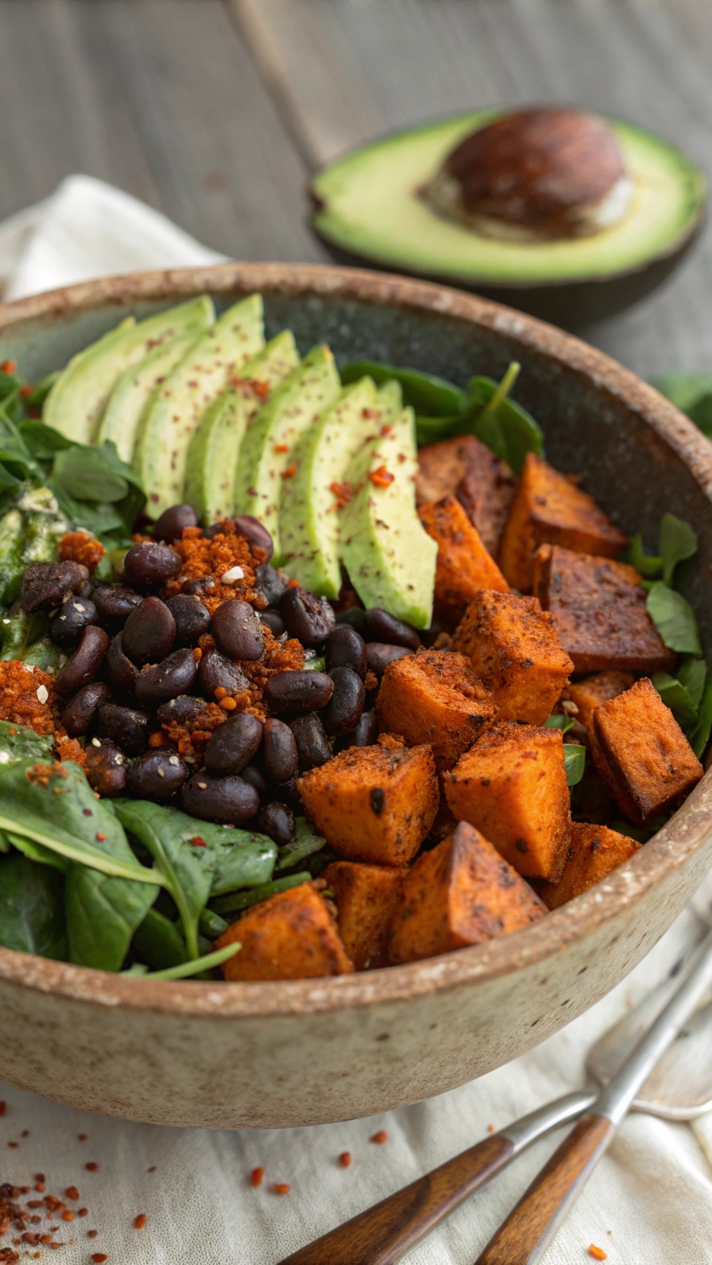 A bowl of savory sweet potato taco salad with black beans, avocado slices, and fresh greens.