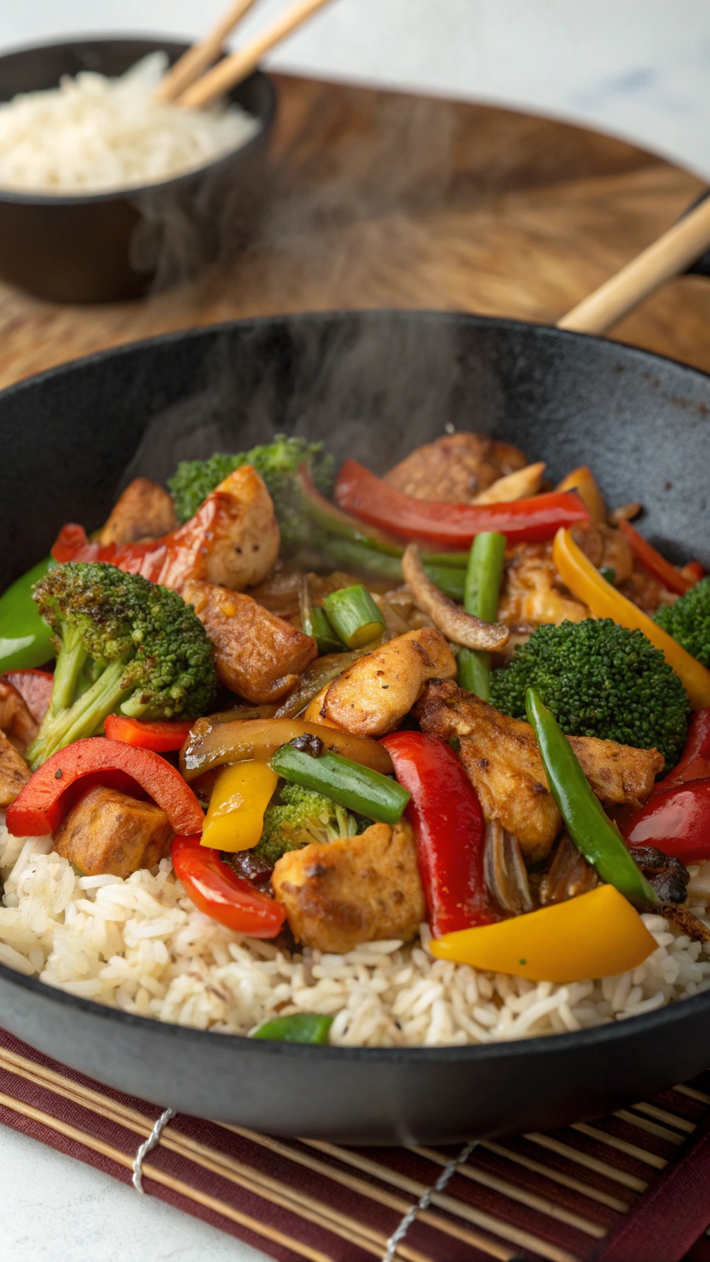 A colorful bowl of teriyaki chicken stir-fry with vegetables and rice.