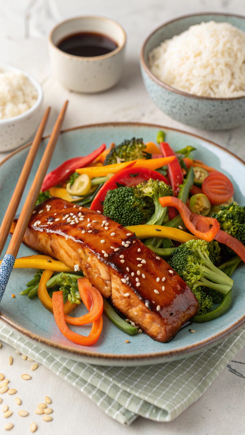 A plate of teriyaki salmon with colorful vegetables, served with rice.