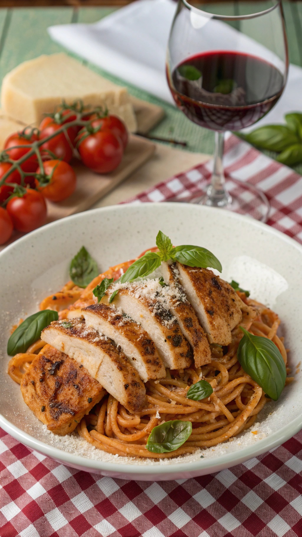 A plate of savory tomato basil pasta with grilled chicken, garnished with basil leaves and served with a glass of red wine.