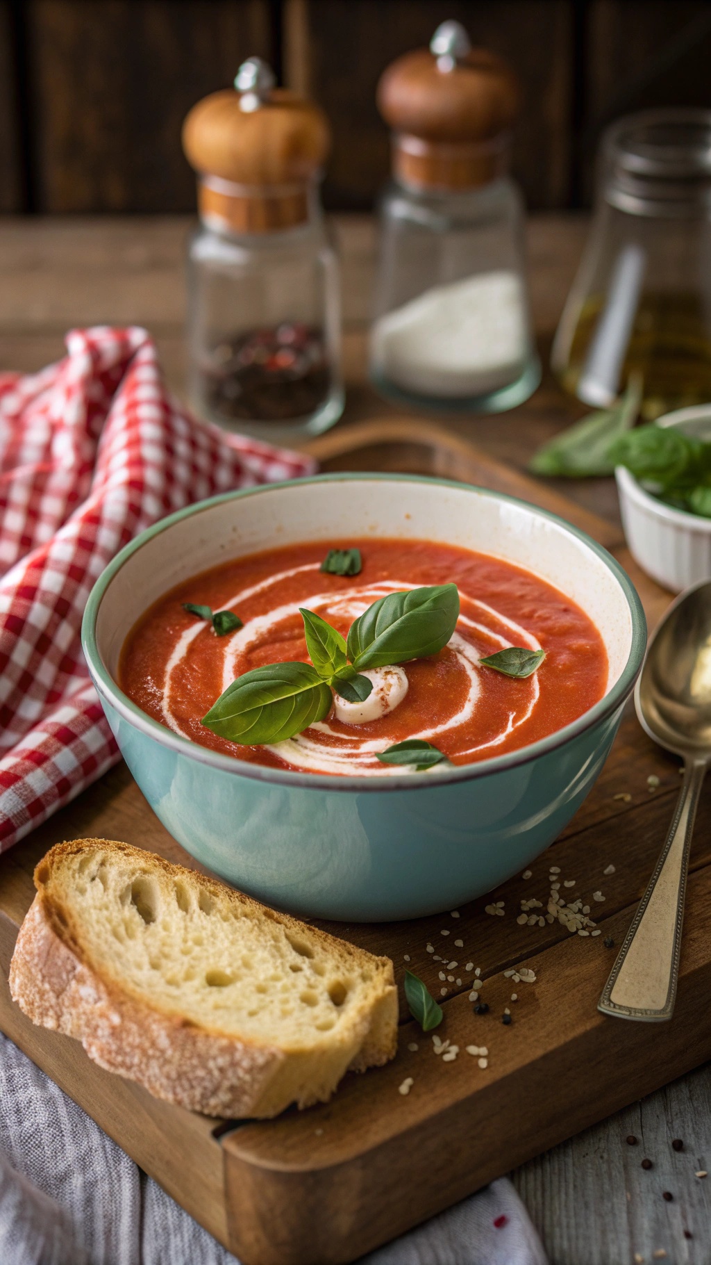 A bowl of tomato basil soup garnished with fresh basil leaves, served with a slice of bread.
