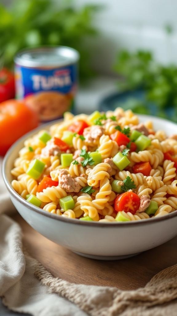 A bowl of savory tuna pasta salad with lemon and celery, featuring rotini pasta, cherry tomatoes, and a can of tuna in the background.