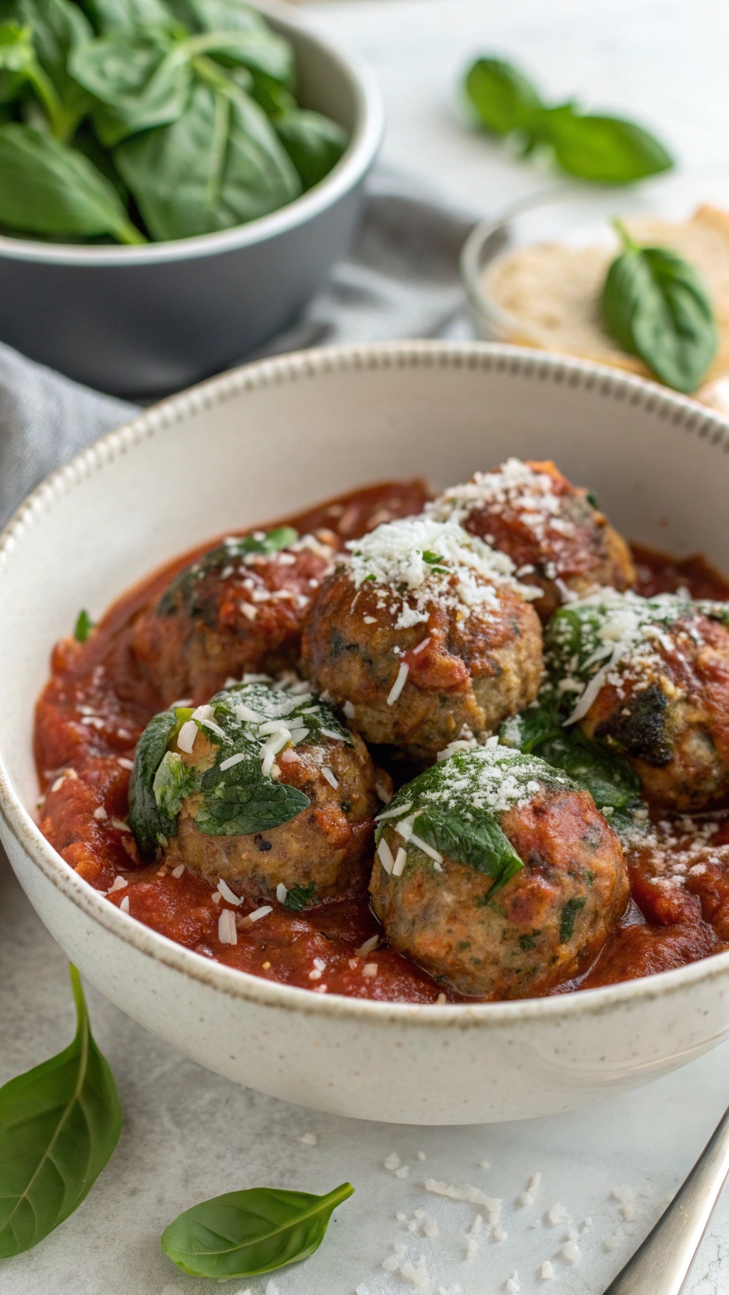 A bowl of turkey and spinach meatballs in marinara sauce, topped with cheese and fresh spinach.