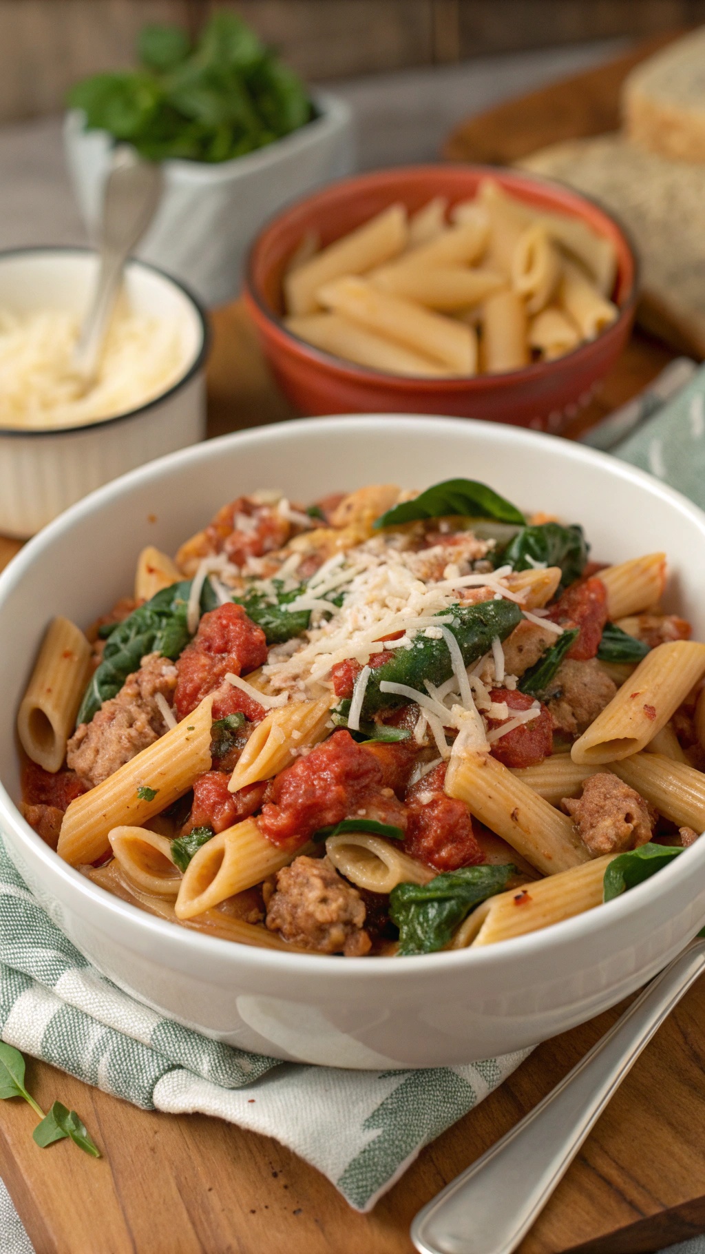 A bowl of savory turkey and spinach penne pasta topped with grated cheese, surrounded by fresh ingredients.
